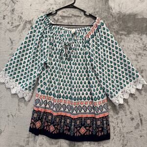 Cesem 3XL Boho Tunic Blouse Teal Paisley Ornate Print with Lace Trim Festival